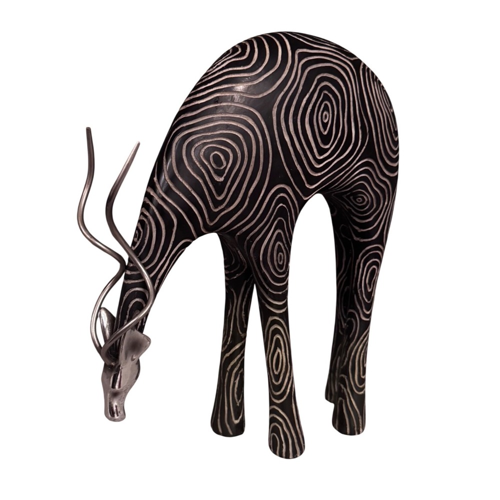 Modernist‎ Carved Gazelle Antelope Sculpture Black Silver Etched Circle  13" H